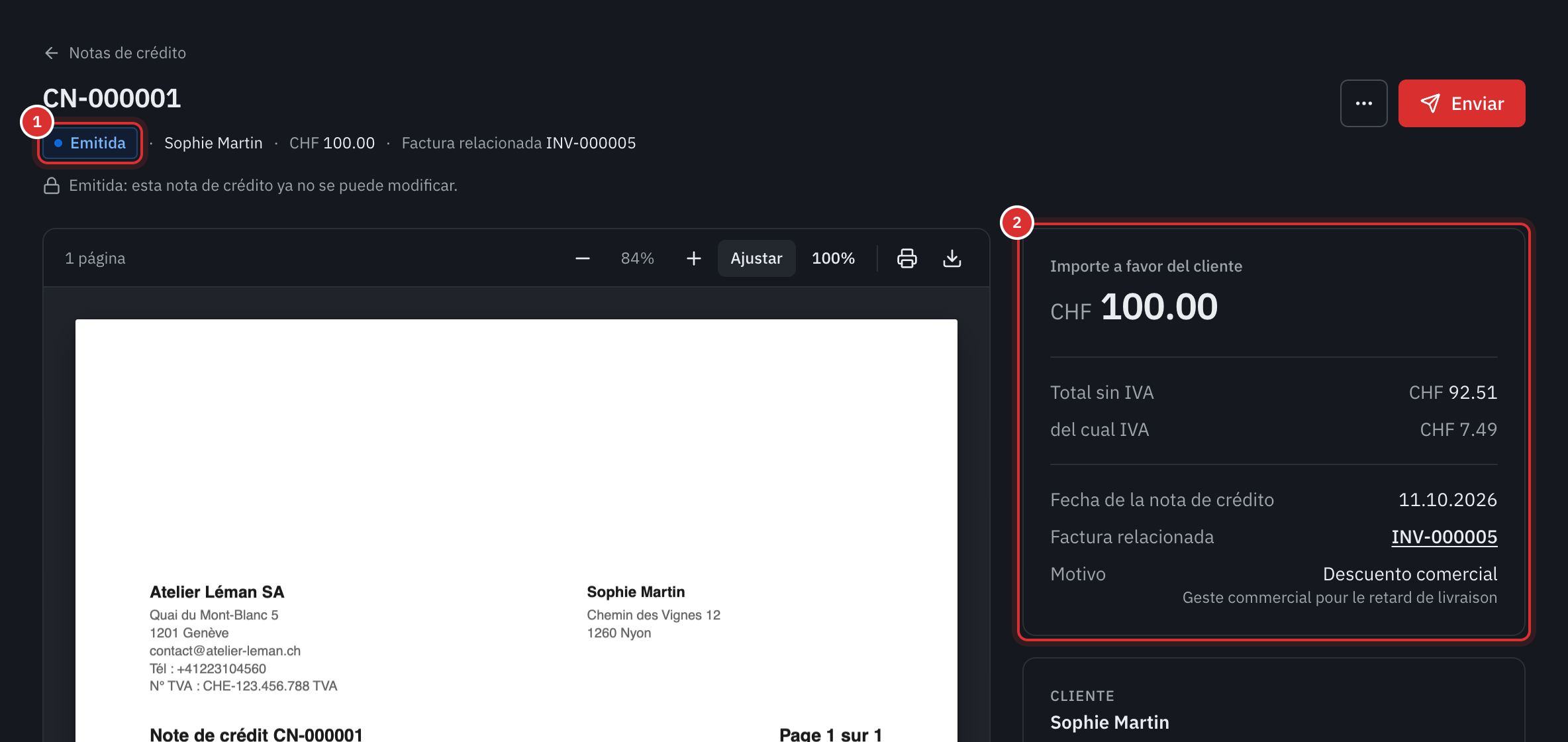 La página de una nota de crédito emitida: su estado Emitida, el botón Enviar, el importe a favor del cliente, el total sin IVA, el IVA, la factura relacionada, el motivo y la vista previa del PDF.