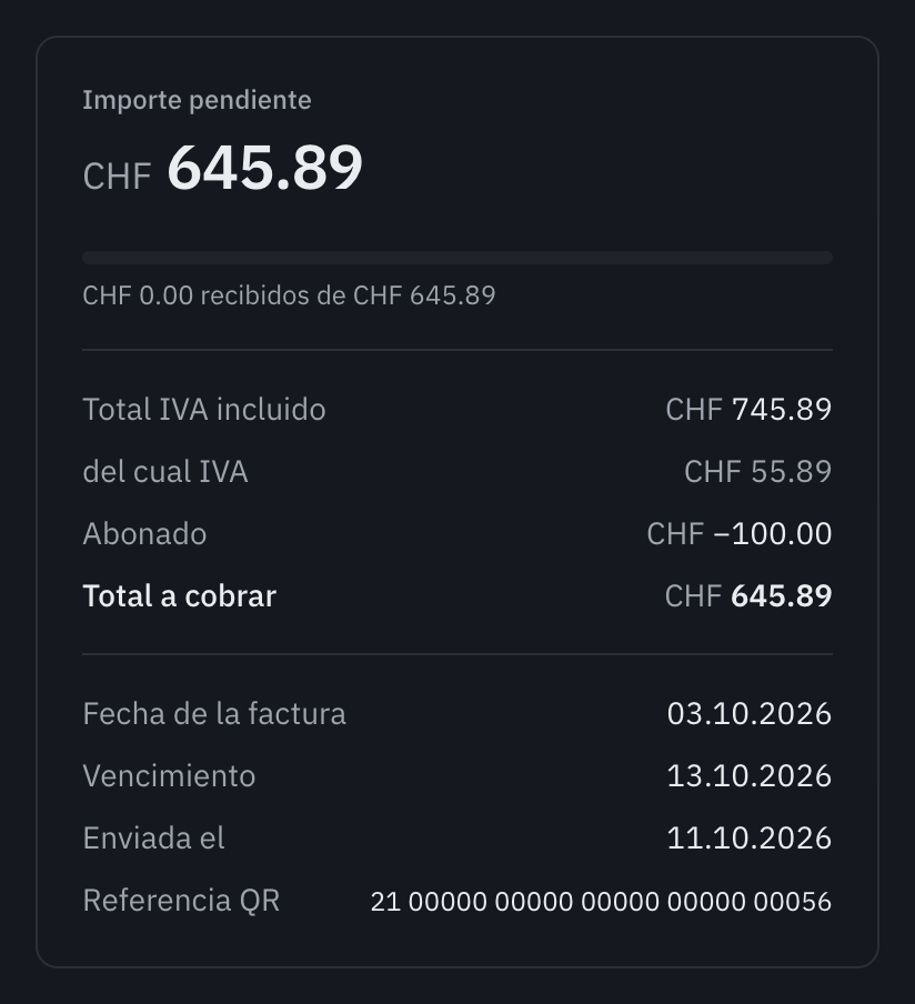El resumen de una factura parcialmente abonada: el restante pendiente, el total con IVA, el importe abonado y el total a cobrar.