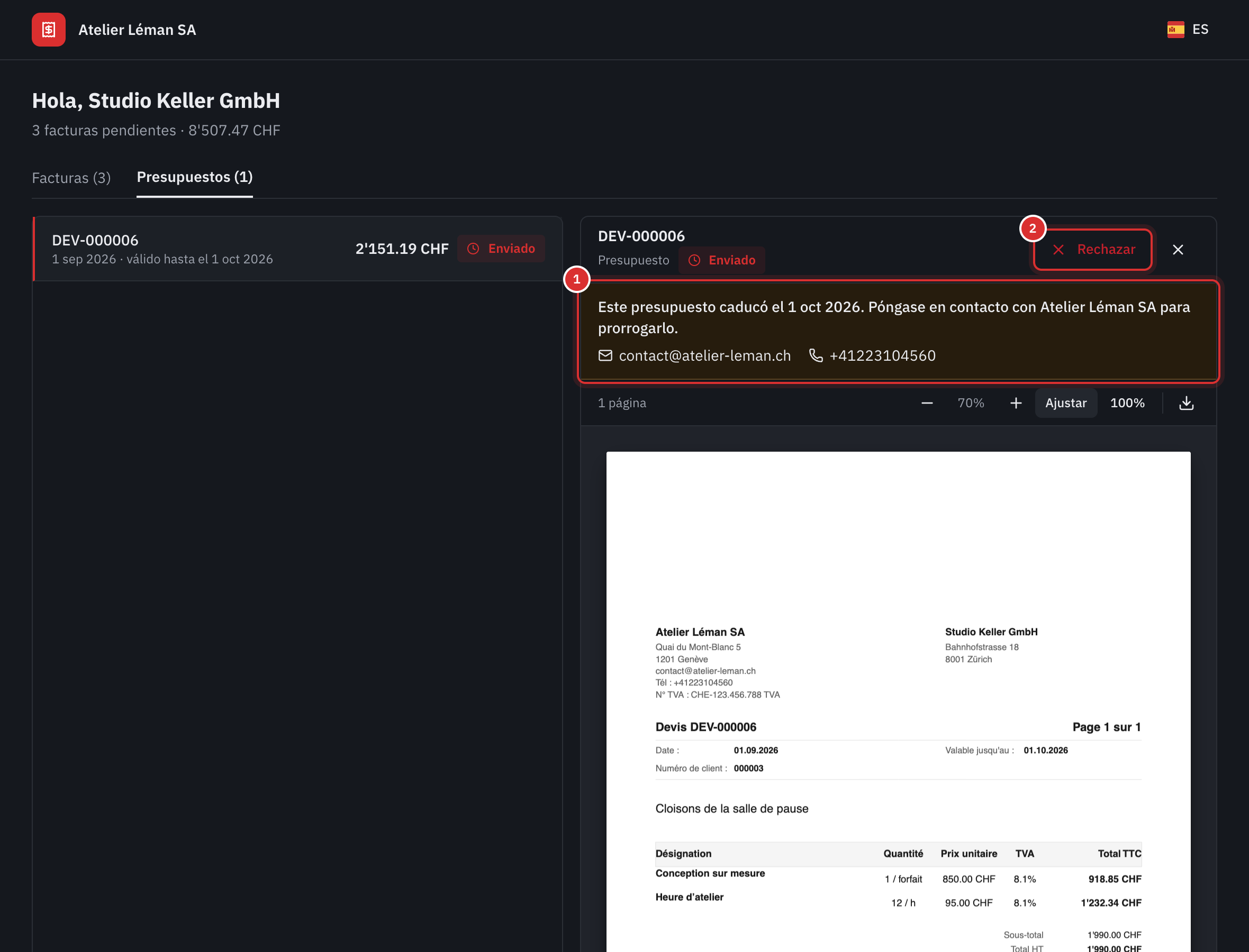 Un presupuesto caducado abierto en el portal del cliente: en lugar de Aceptar, el mensaje Este presupuesto caducó el 01 oct 2026. Póngase en contacto con Atelier Léman SA para prorrogarlo., con el correo y el teléfono de la empresa, y el botón Rechazar.