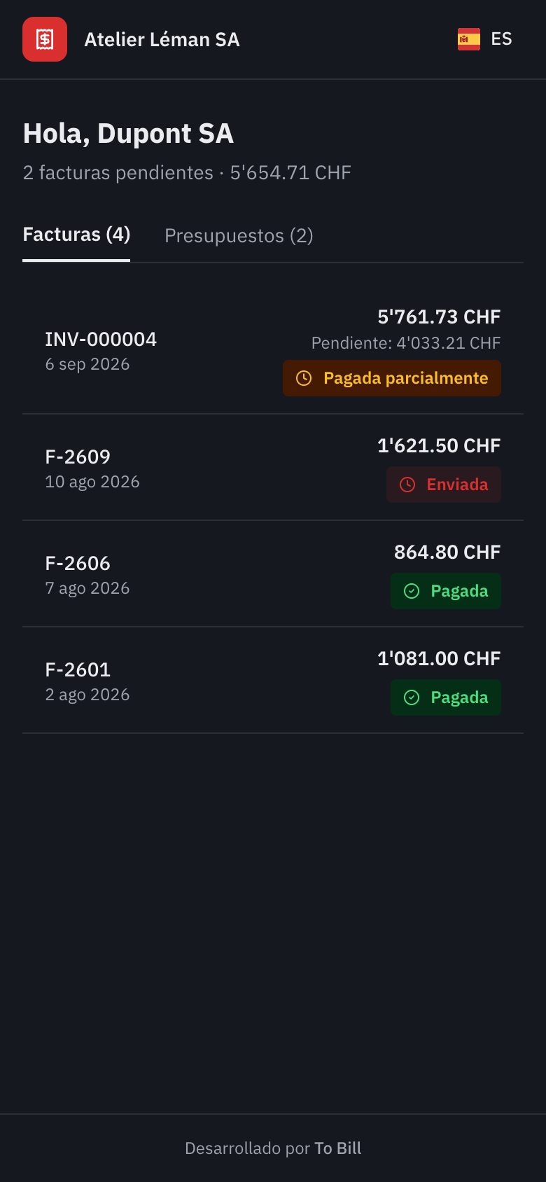 El portal del cliente en un teléfono, con la lista de facturas.