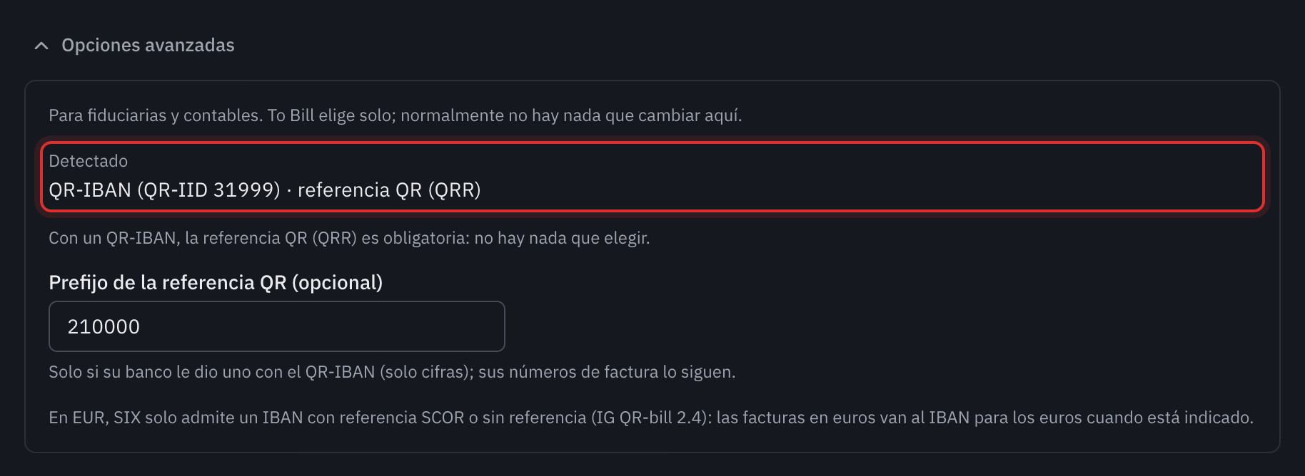 Las opciones avanzadas abiertas para un QR-IBAN: el tipo detectado QR-IBAN (QR-IID 31999) con la referencia QR (QRR), el prefijo de la referencia QR y la regla de los euros.