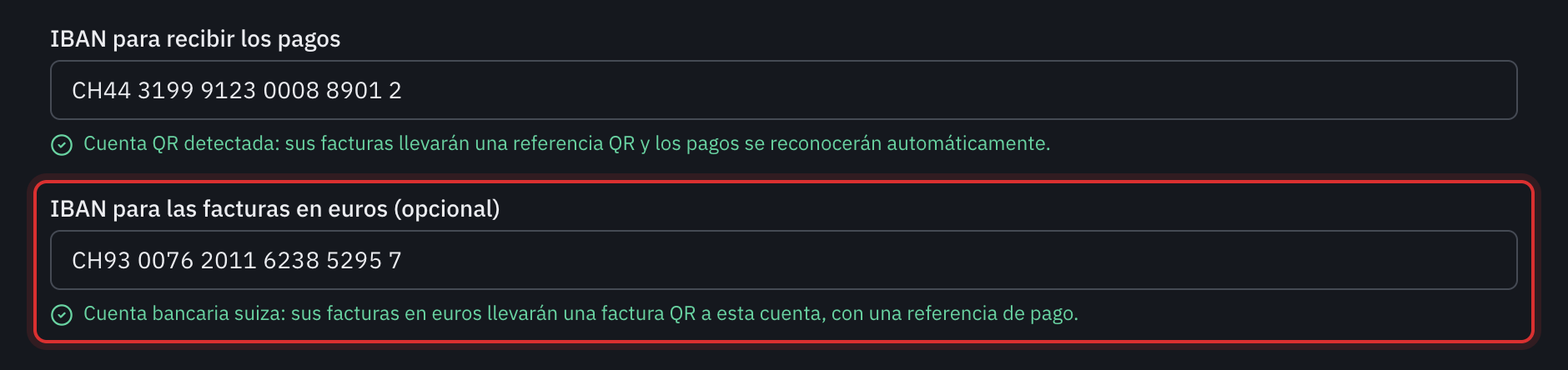 El campo IBAN para las facturas en euros relleno y la línea verde: Cuenta bancaria suiza, sus facturas en euros llevarán una factura QR a esta cuenta, con una referencia de pago.