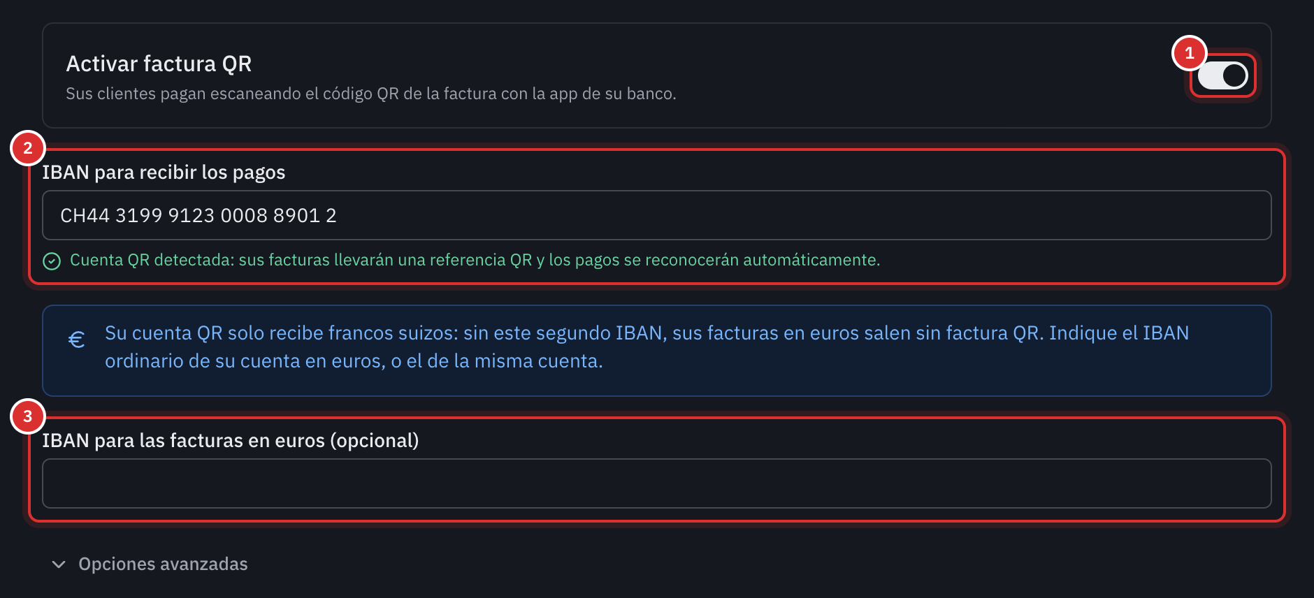 La sección Factura QR de la configuración: el interruptor Activar factura QR, el QR-IBAN en IBAN para recibir los pagos, la línea Cuenta QR detectada, la nota sobre los euros y el campo IBAN para las facturas en euros.