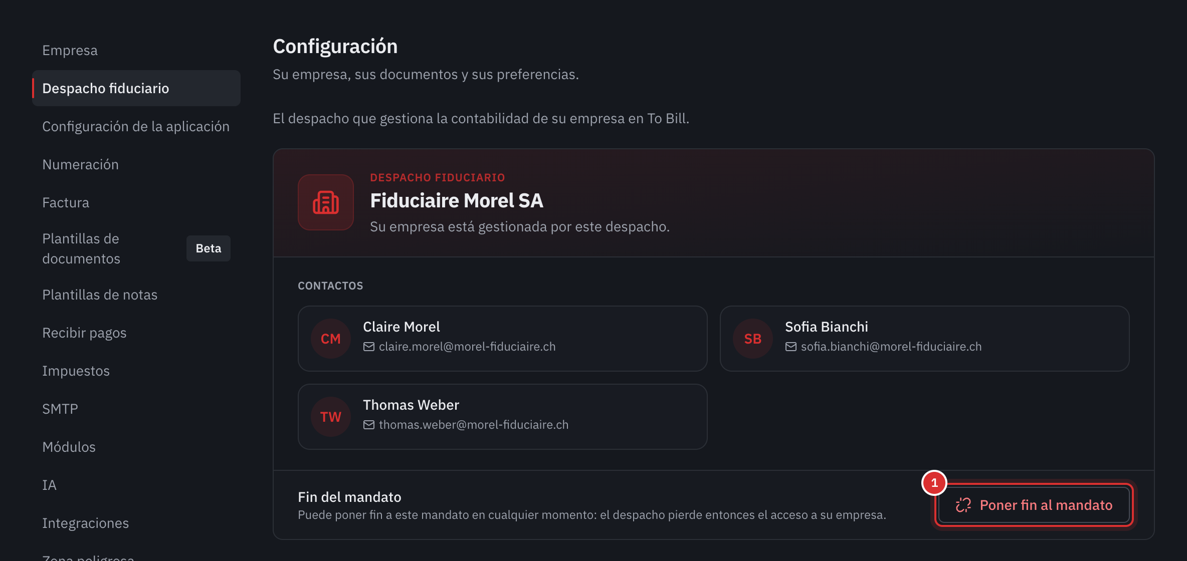 La página Despacho fiduciario del cliente: el despacho, sus responsables y el botón Poner fin al mandato.