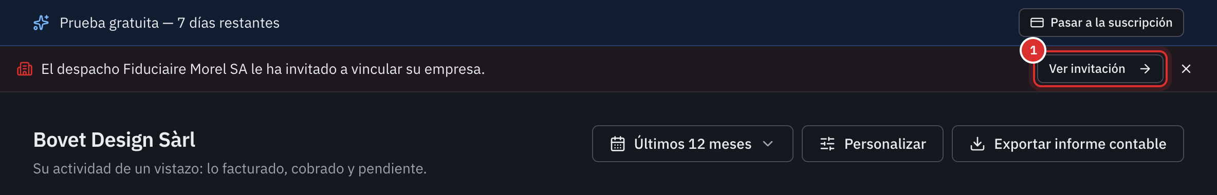 El panel del cliente con el aviso de la invitación del despacho y el botón Ver invitación.