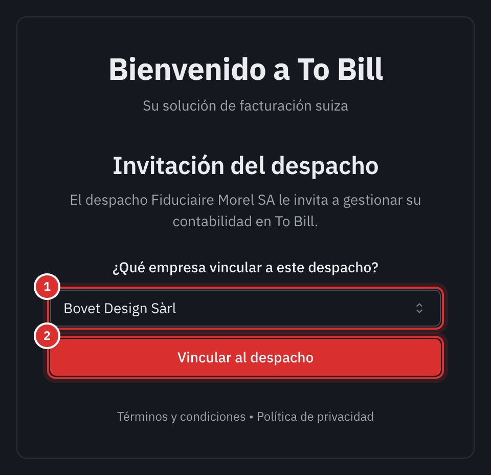 La página Invitación del despacho: la elección de la empresa y el botón Vincular al despacho.