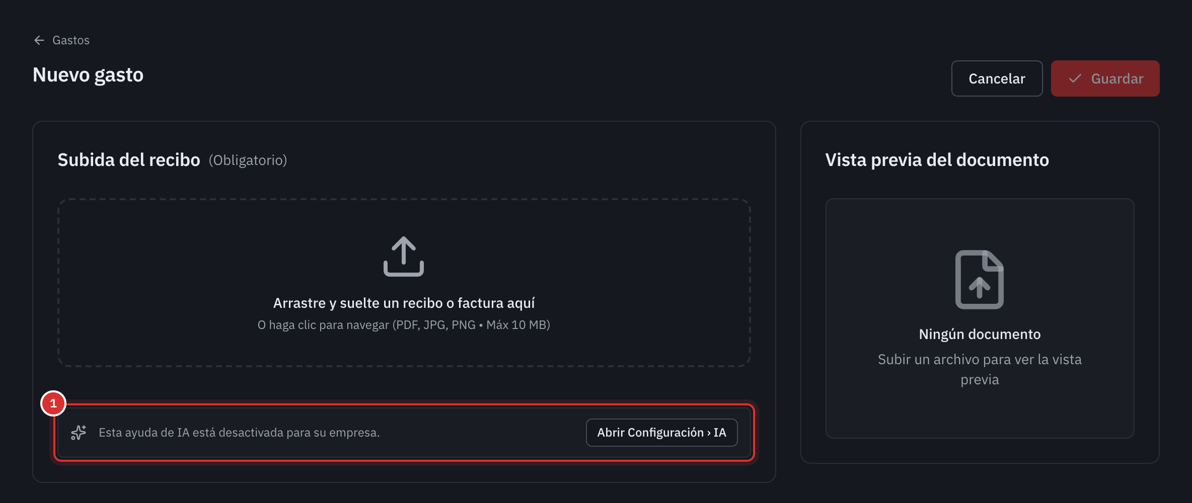 La página Nuevo gasto de una empresa sin IA: bajo la zona del recibo, la nota Esta ayuda de IA está desactivada para su empresa, con el botón Abrir Configuración, IA.