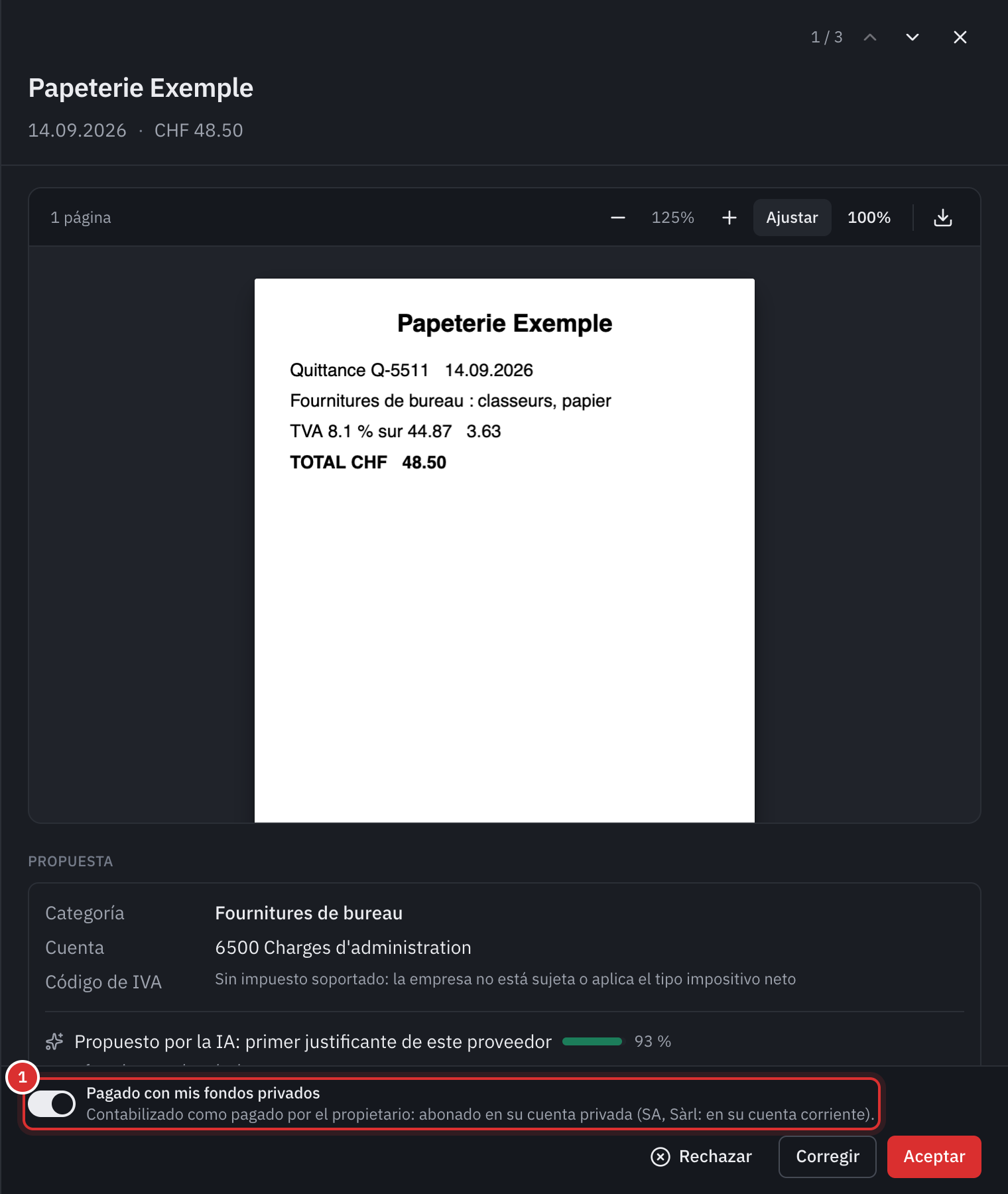 La ficha de un justificante de Papeterie Exemple en Por validar: el recibo, la propuesta Material de oficina y, abajo, el interruptor Pagado con mis fondos privados activado, con los botones Rechazar, Corregir y Aceptar.