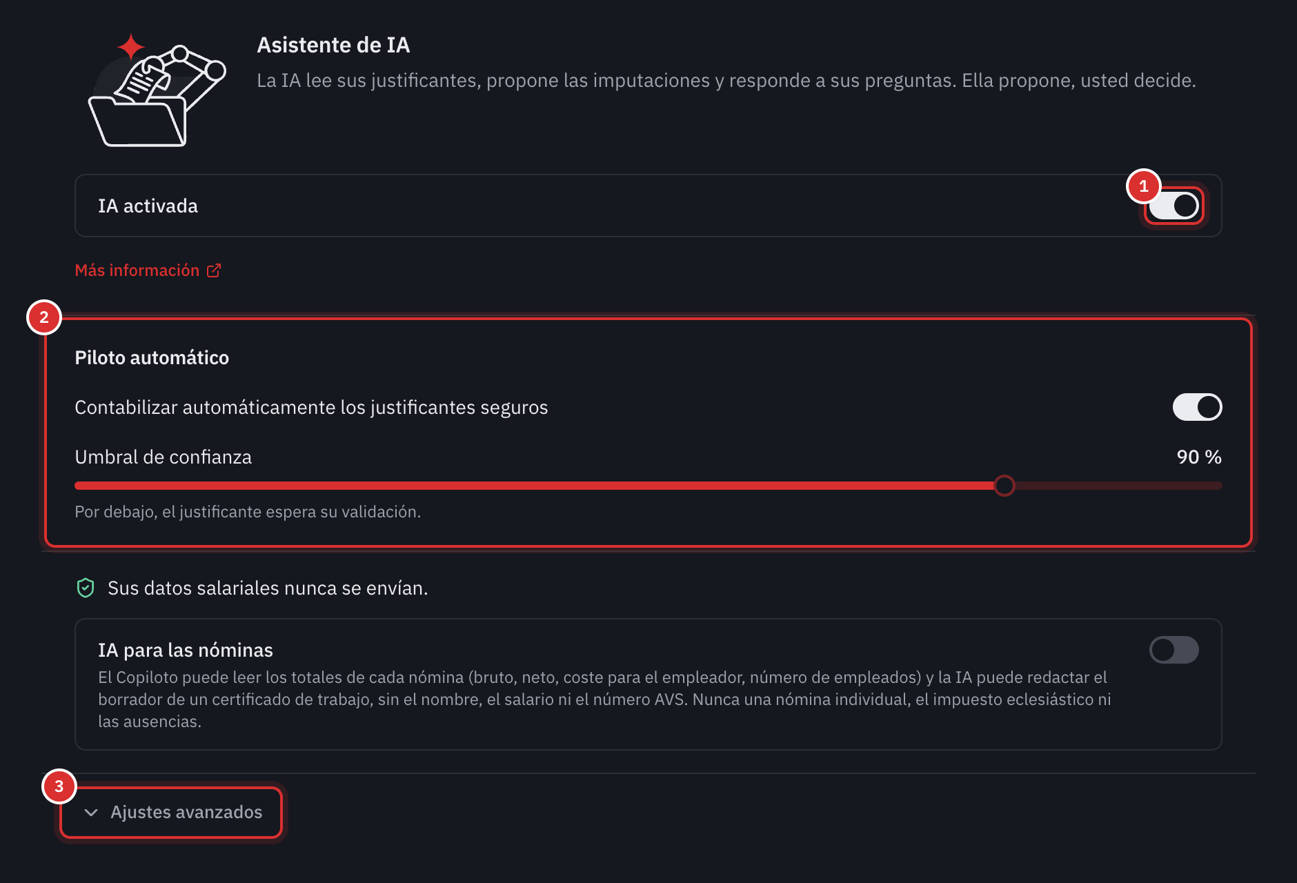 La página Configuración, IA: el interruptor IA activada, el piloto automático y el enlace Ajustes avanzados.