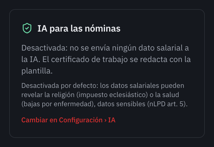 La tarjeta IA para las nóminas de la página Salarios, Seguros: Desactivada, no se envía ningún dato salarial a la IA, el motivo, y el enlace Cambiar en Configuración, IA.