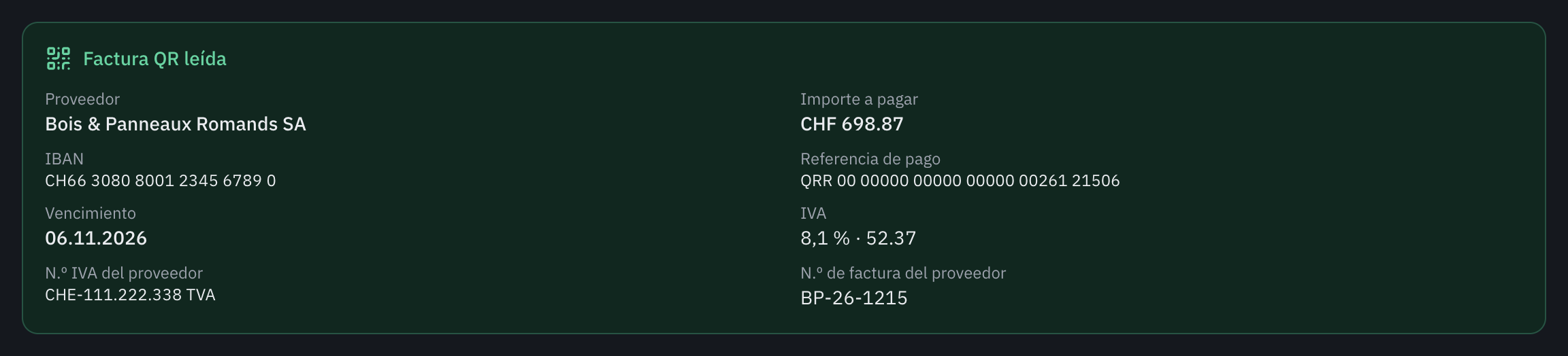El recuadro Factura QR leída: el proveedor, el importe a pagar, el IBAN, la referencia QR, el vencimiento, el IVA al 8,1 %, el número de IVA y el número de la factura del proveedor.
