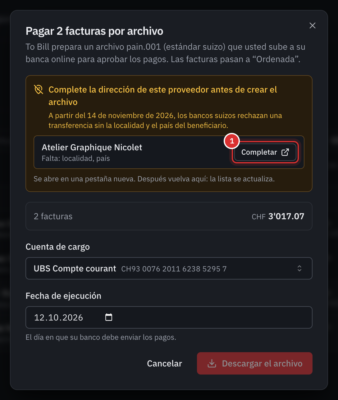 La ventana de pago con la alerta Complete la dirección de este proveedor antes de crear el archivo: Atelier Graphique Nicolet, falta la localidad y el país, con el botón Completar.