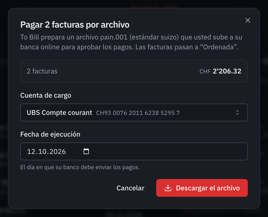La ventana Pagar 2 facturas por archivo: el total, la cuenta de cargo UBS Compte courant, la fecha de ejecución y el botón Descargar el archivo.