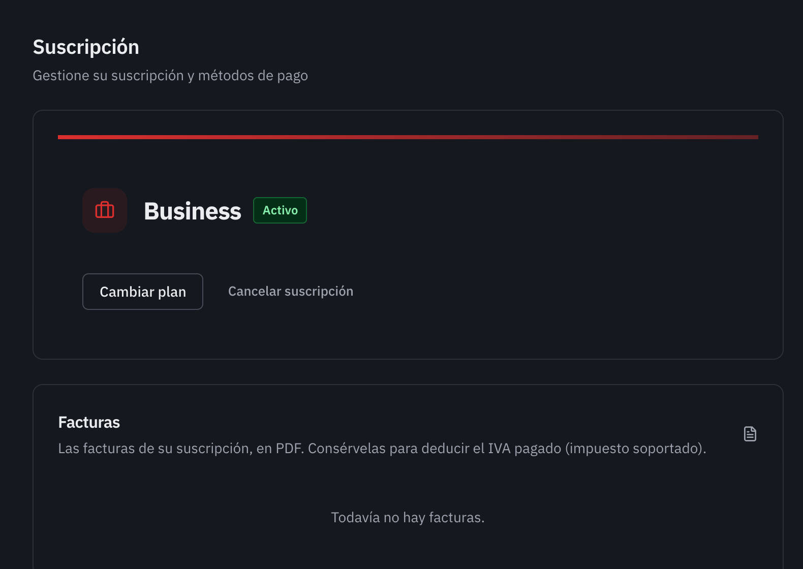 La página Suscripción: el plan activo, los botones Cambiar plan y Cancelar suscripción, y el historial de pagos.