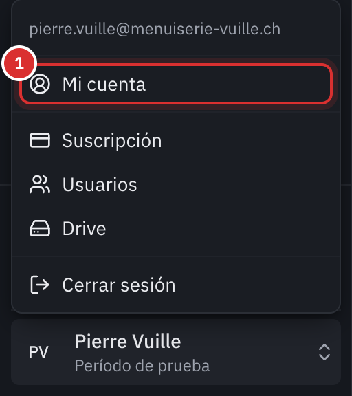 El menú de la cuenta abierto abajo a la izquierda: el correo electrónico, Mi cuenta, Suscripción, Usuarios, Drive y Cerrar sesión.