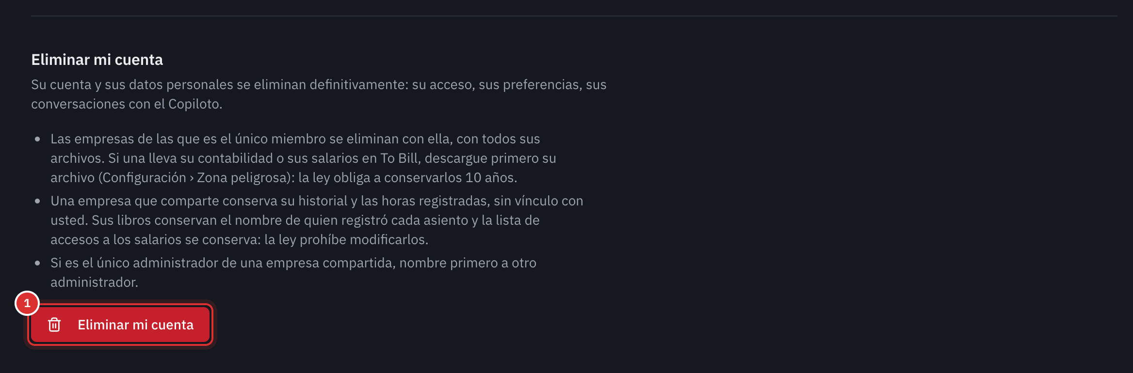 La parte Eliminar mi cuenta: lo que se elimina, lo que conserva una empresa compartida, la regla del último administrador y el botón Eliminar mi cuenta.