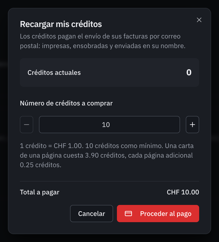 La ventana Recargar mis créditos: para qué sirven los créditos (el envío de las facturas por correo postal), los créditos actuales, el número que comprar, la tarifa con el mínimo de 10 créditos y el precio de una carta, y el total a pagar de CHF 10.00.