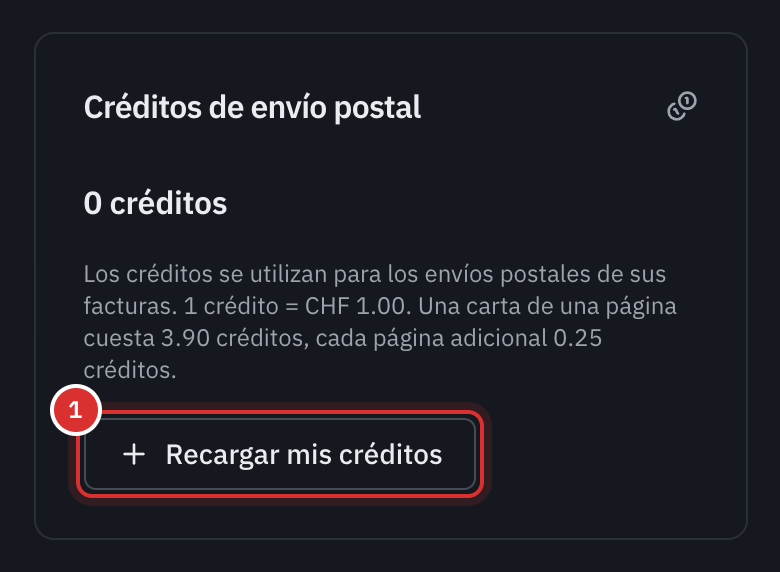 La tarjeta Créditos de envío postal de la página Suscripción: el saldo, la tarifa 1 crédito = CHF 1.00 con el precio de una carta, y el botón Recargar mis créditos.