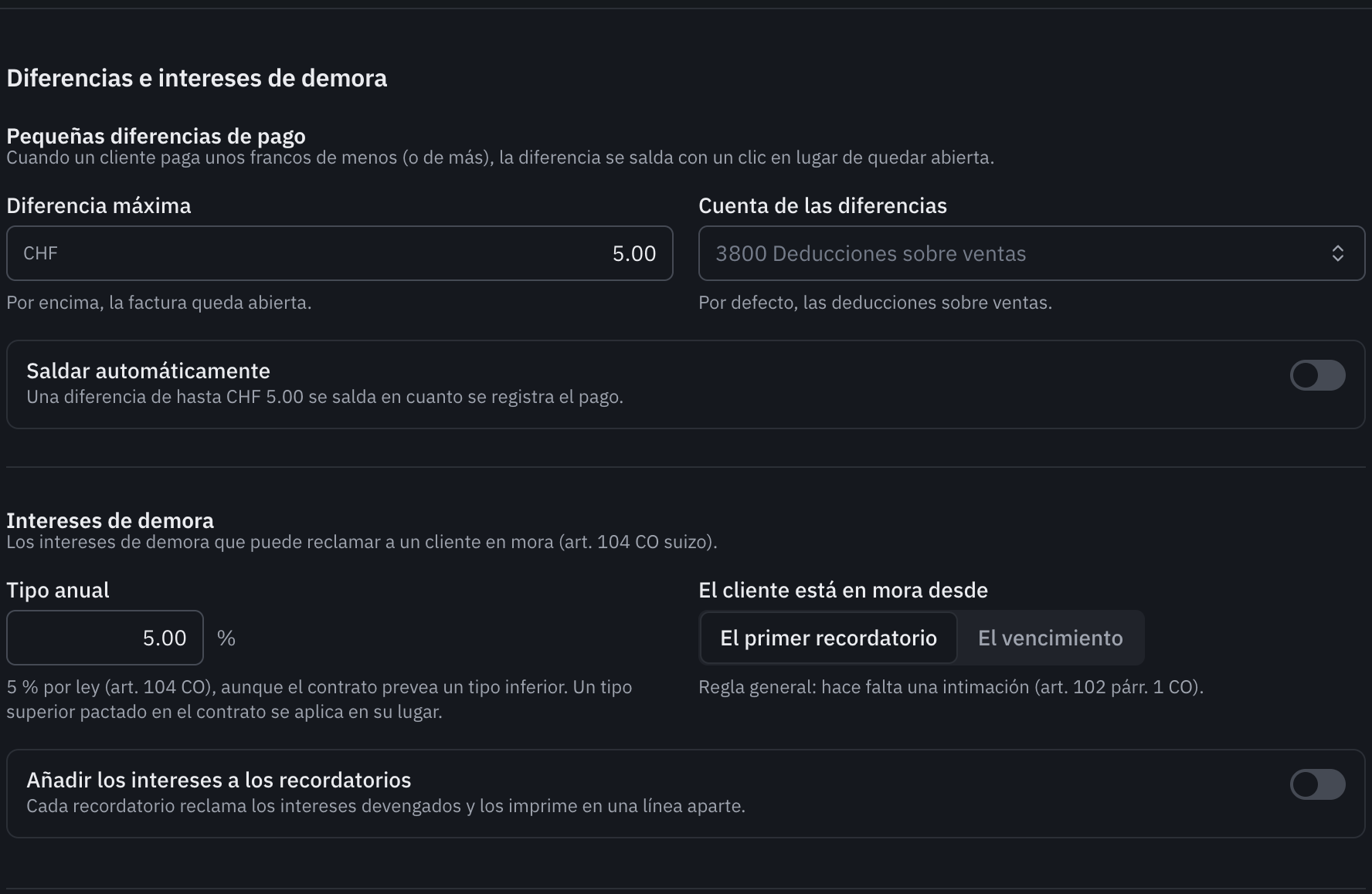 La parte Diferencias e intereses de demora: la diferencia máxima, la cuenta de las diferencias, el tipo anual y el inicio de la mora.