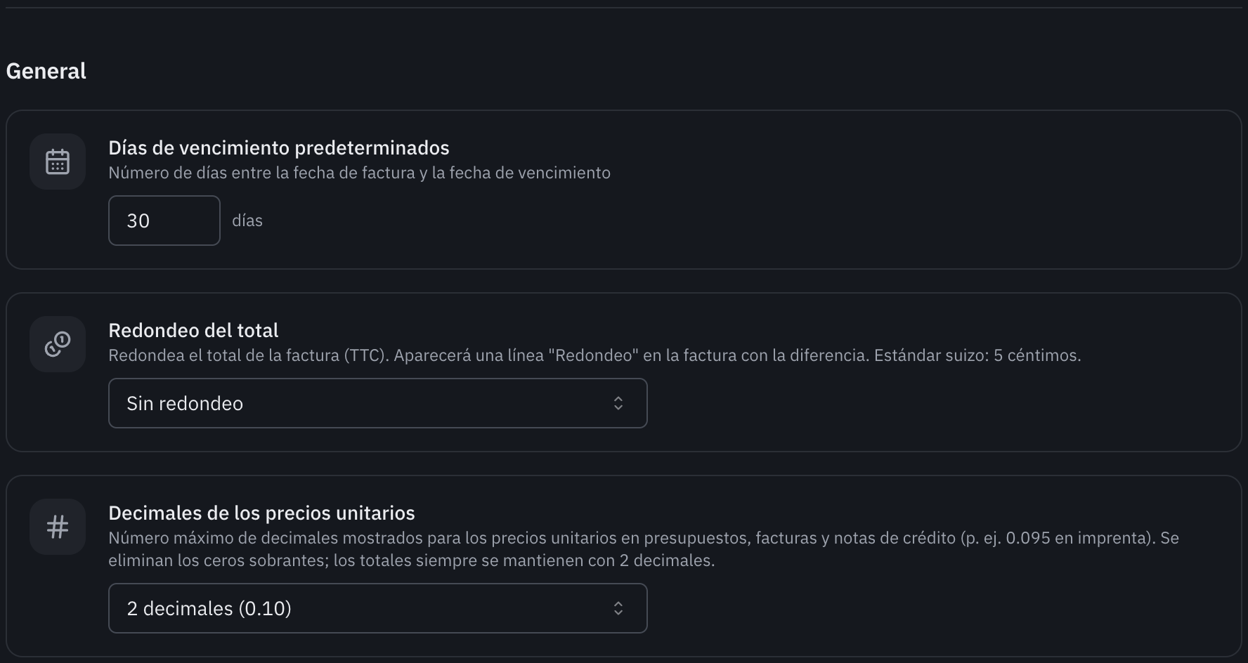 La parte General: días de vencimiento predeterminados, redondeo del total y decimales de los precios unitarios.