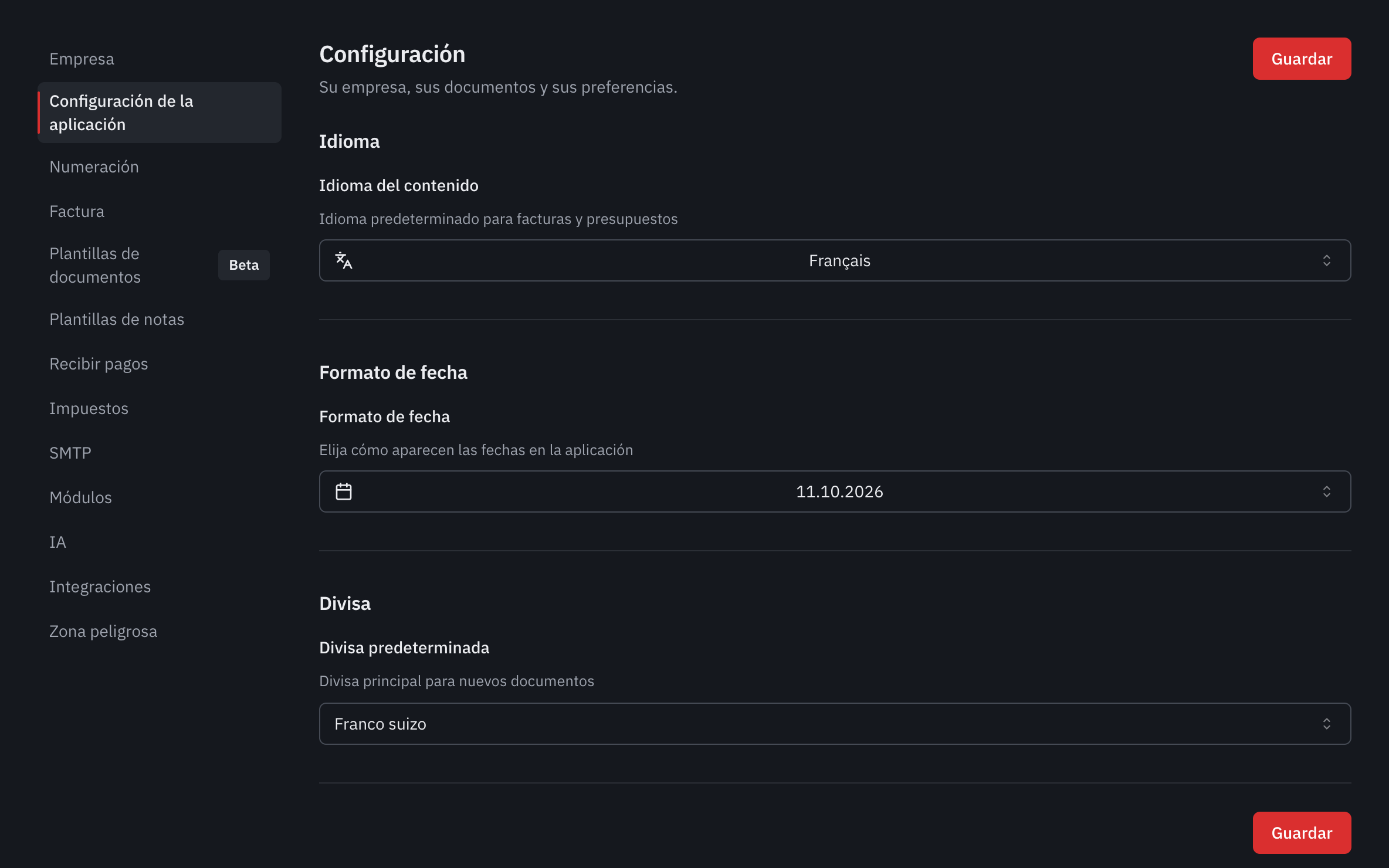 La pestaña Configuración de la aplicación: el idioma del contenido, el formato de fecha y la divisa predeterminada.