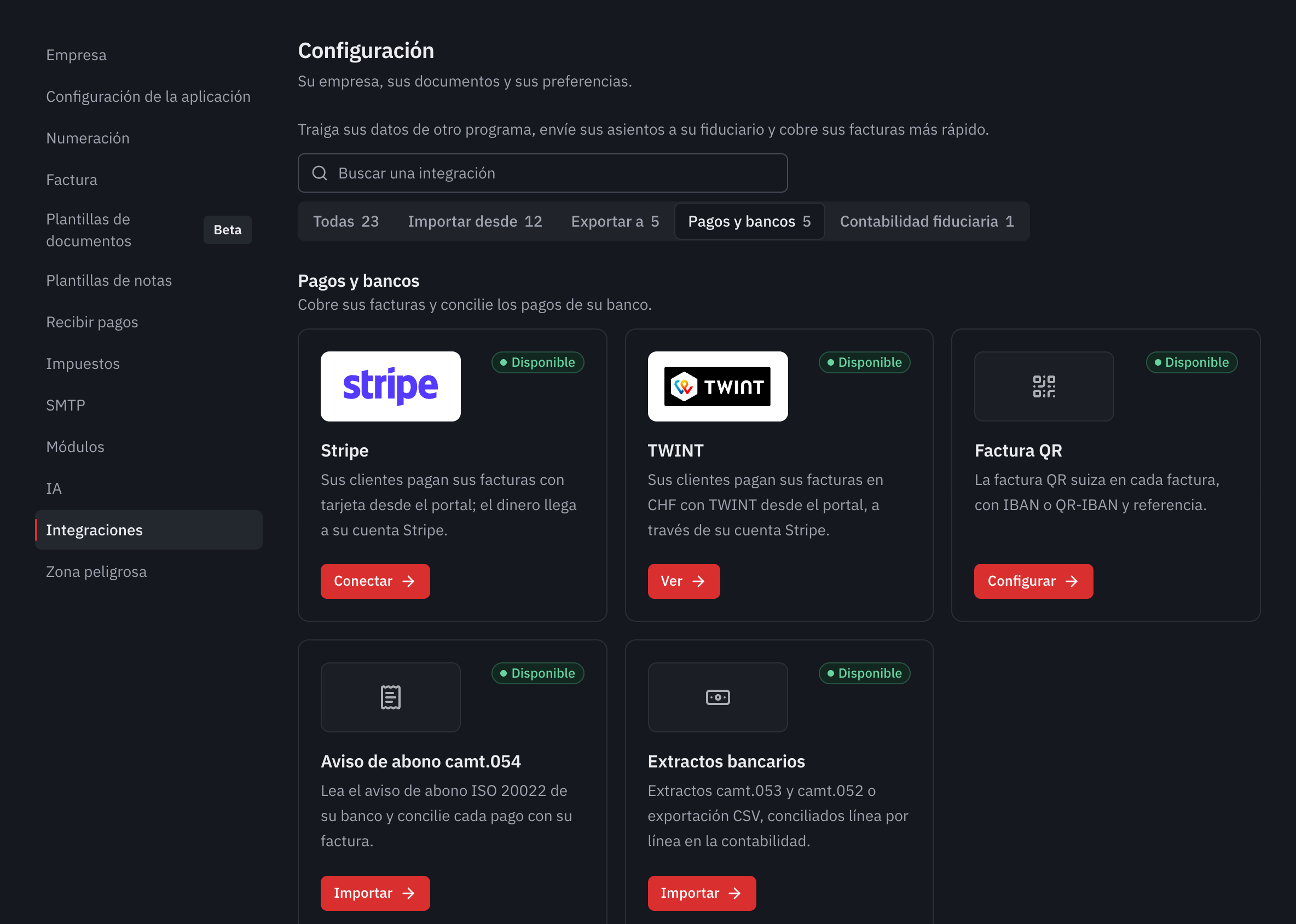 La categoría Pagos y bancos: Stripe, TWINT, factura QR, aviso de abono camt.054 y extractos bancarios.