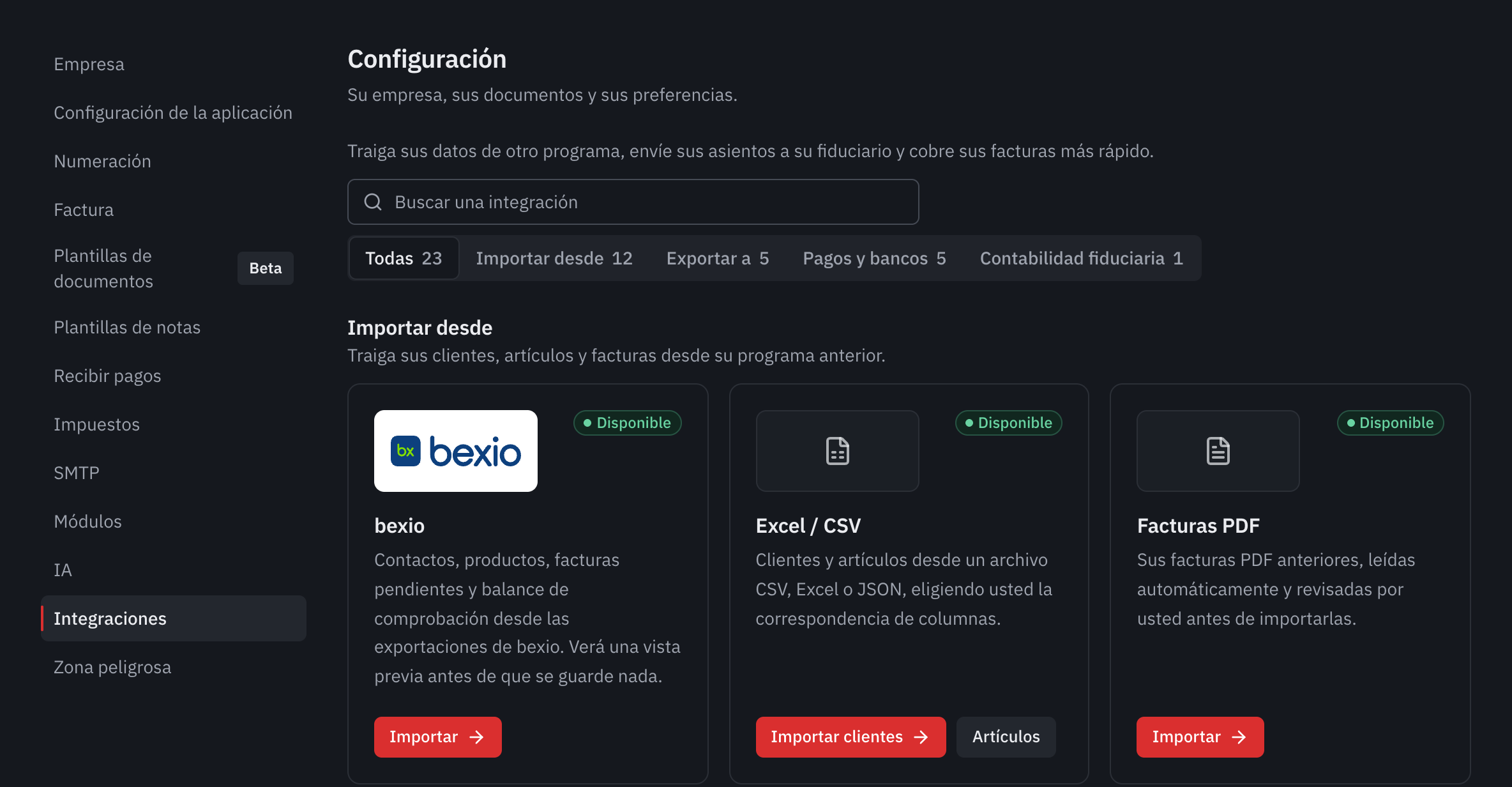 La pestaña Integraciones de la configuración: la búsqueda, las categorías y las tarjetas bexio, Excel / CSV y Facturas PDF.
