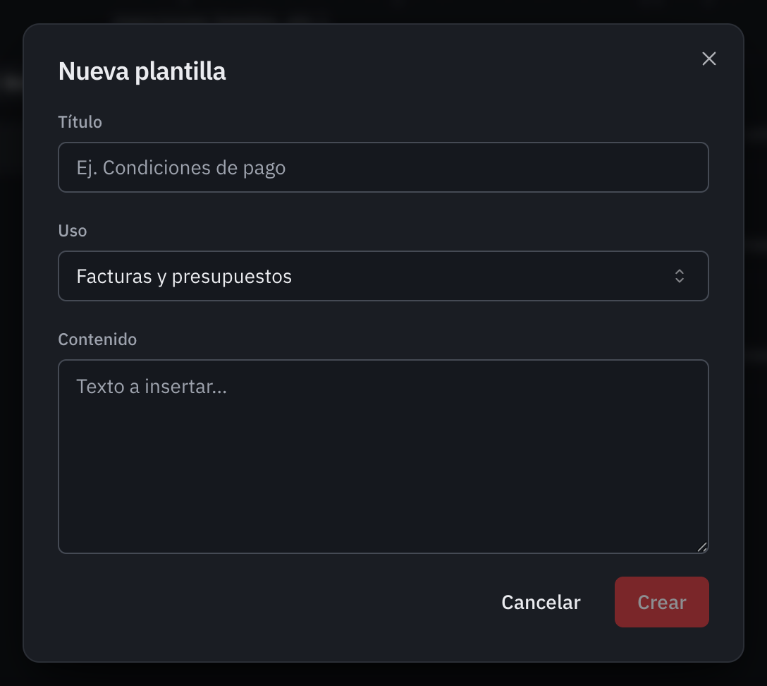 La ventana Nueva plantilla: el título, el uso y el contenido de la nota.