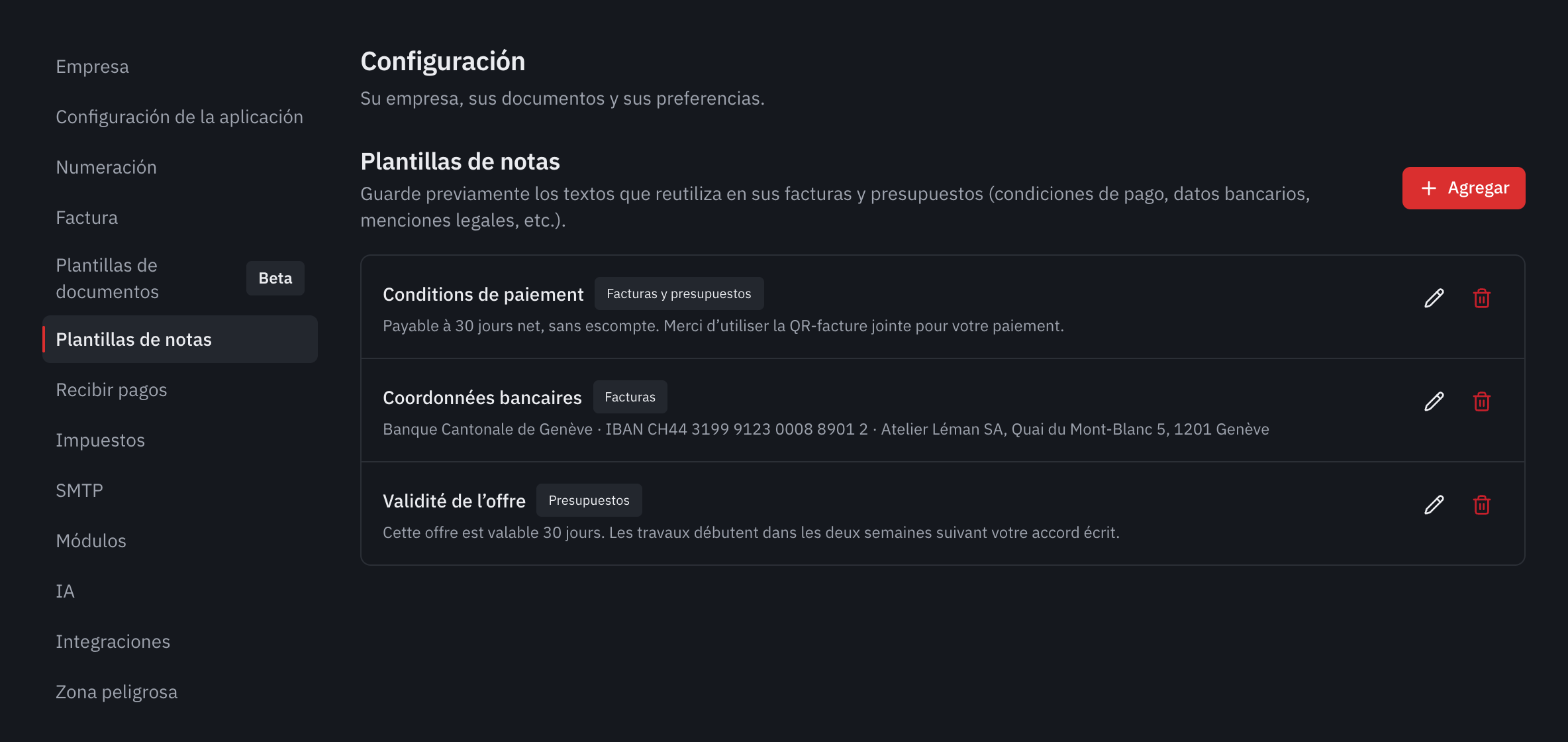 La lista de plantillas de notas: condiciones de pago, datos bancarios y validez de la oferta, con su uso.