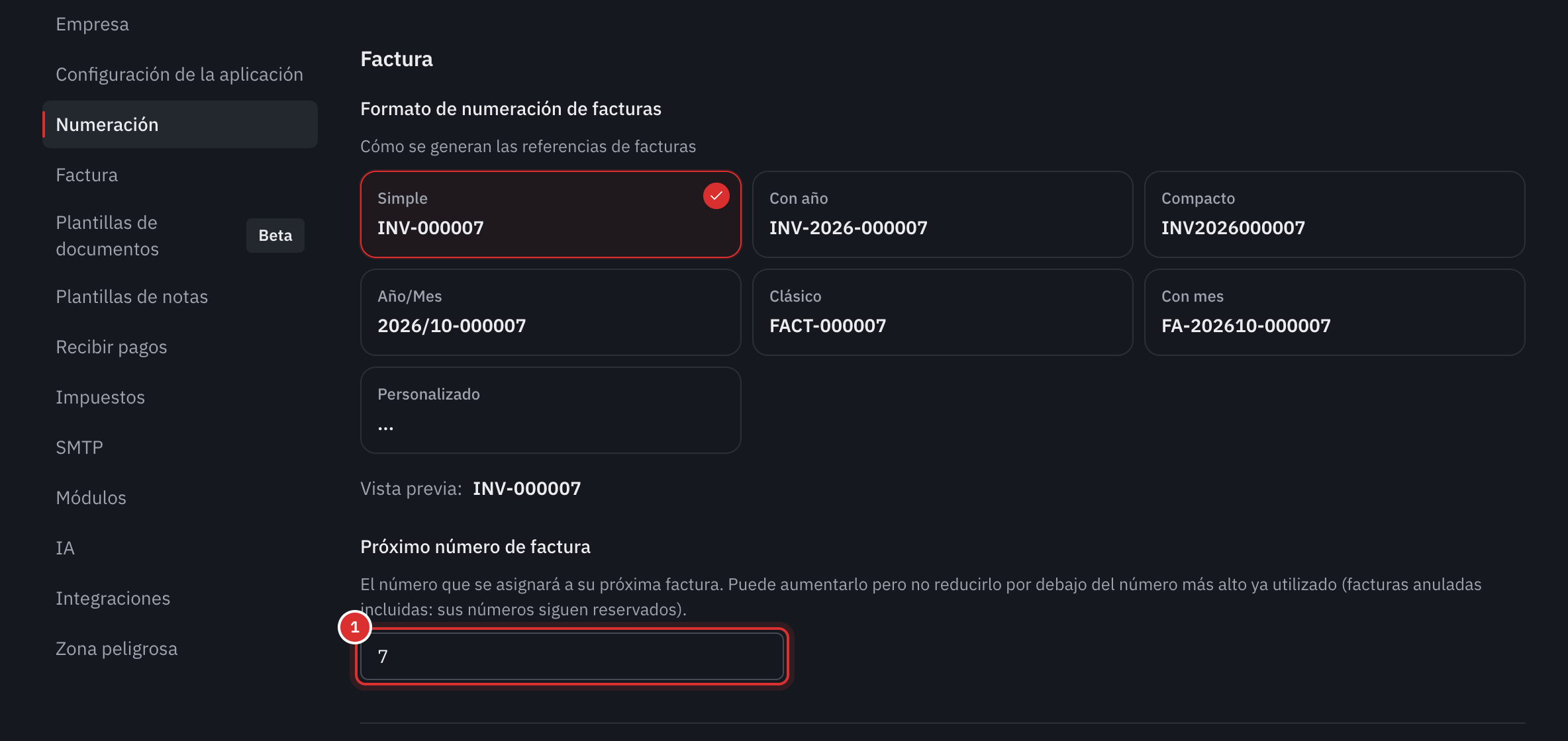 La parte Factura: los formatos de numeración de las facturas y el campo Próximo número de factura.