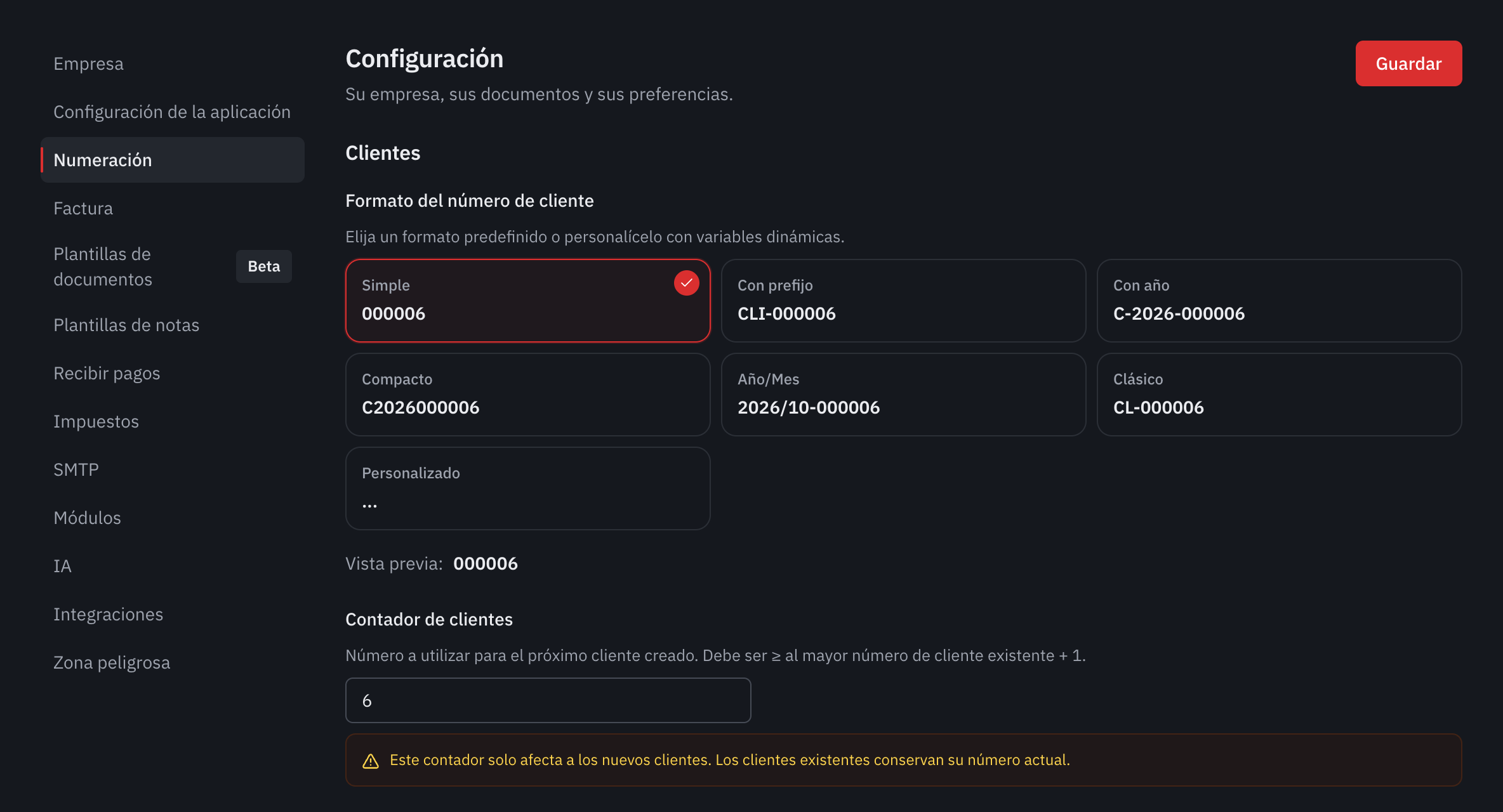 La parte Clientes de la numeración: los formatos propuestos, la vista previa y el contador de clientes.
