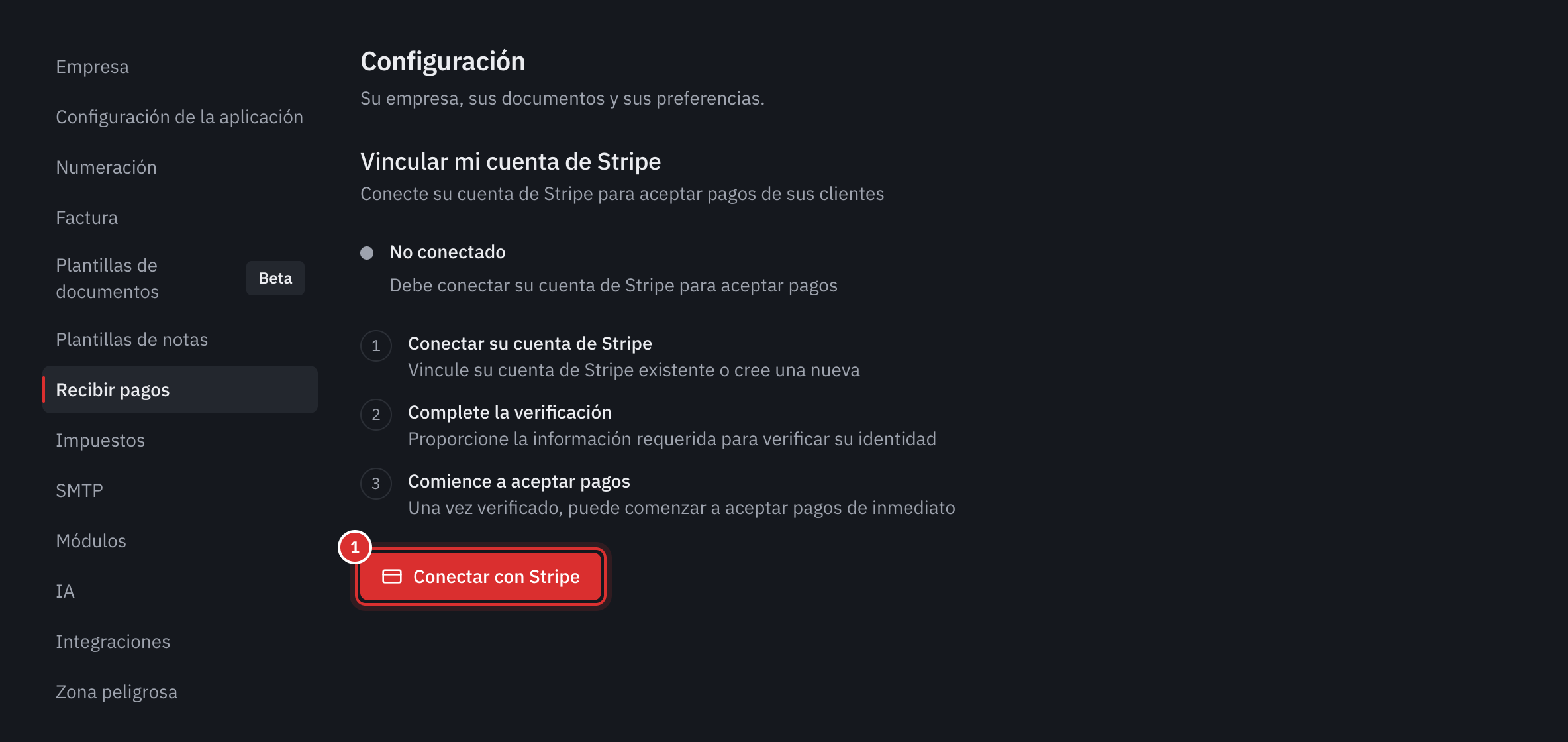 La pestaña Recibir pagos: el recuadro No conectado, los tres pasos y el botón Conectar con Stripe.