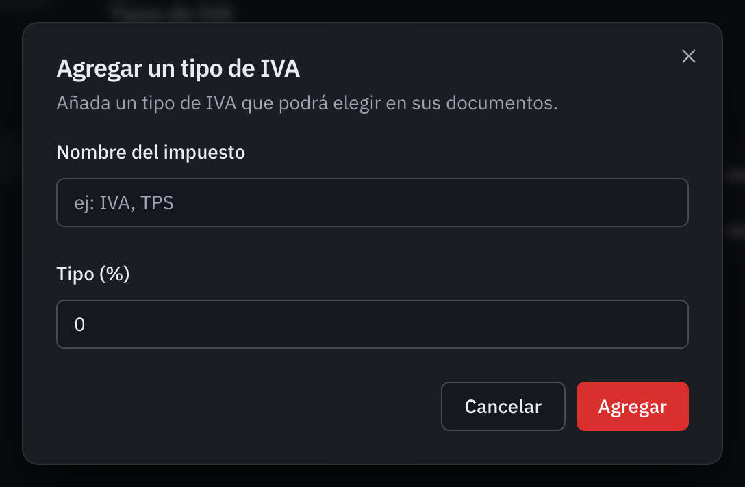 La ventana Agregar un tipo de IVA: el nombre del impuesto y el tipo en porcentaje.