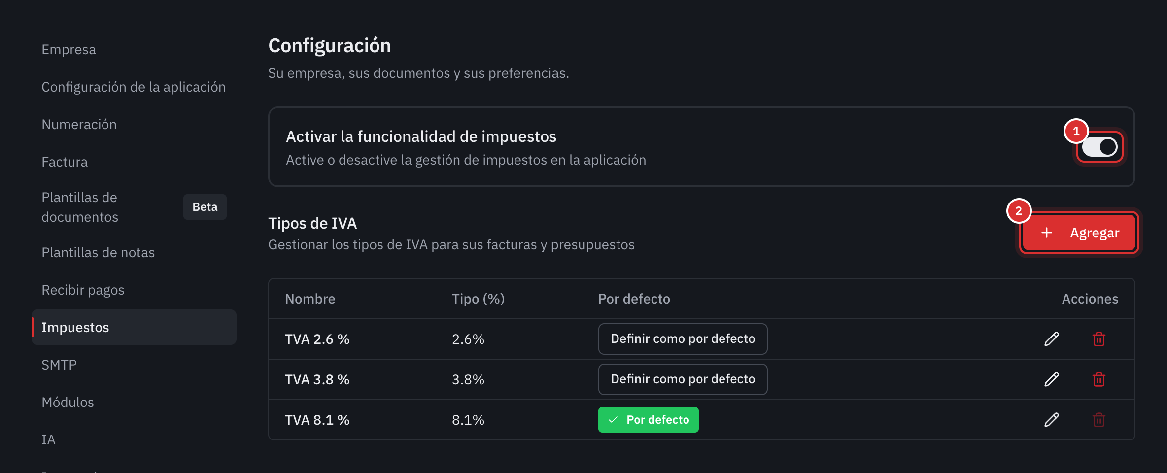 La pestaña Impuestos: el interruptor Activar la funcionalidad de impuestos y la lista de tipos de IVA, con el tipo por defecto.