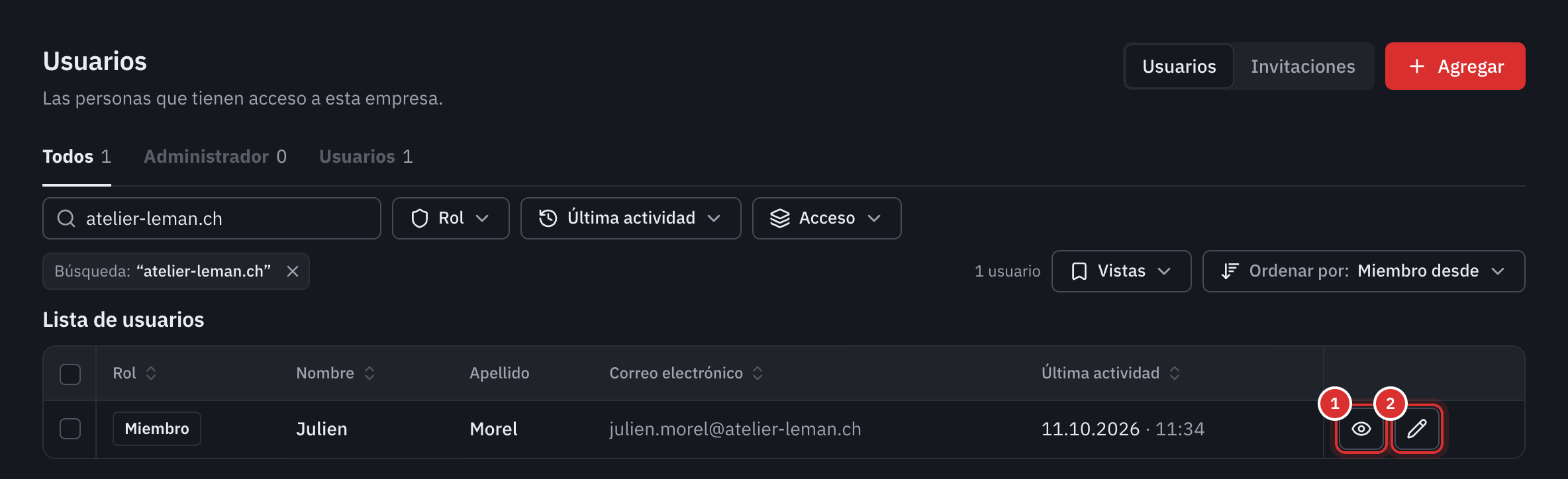 La lista de usuarios: el rol, el nombre, el apellido, el correo electrónico y la última actividad de cada uno, con los botones Detalles y Modificar.