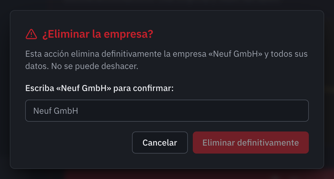La ventana ¿Eliminar la empresa?: el nombre de la empresa que hay que escribir y el botón Eliminar definitivamente.