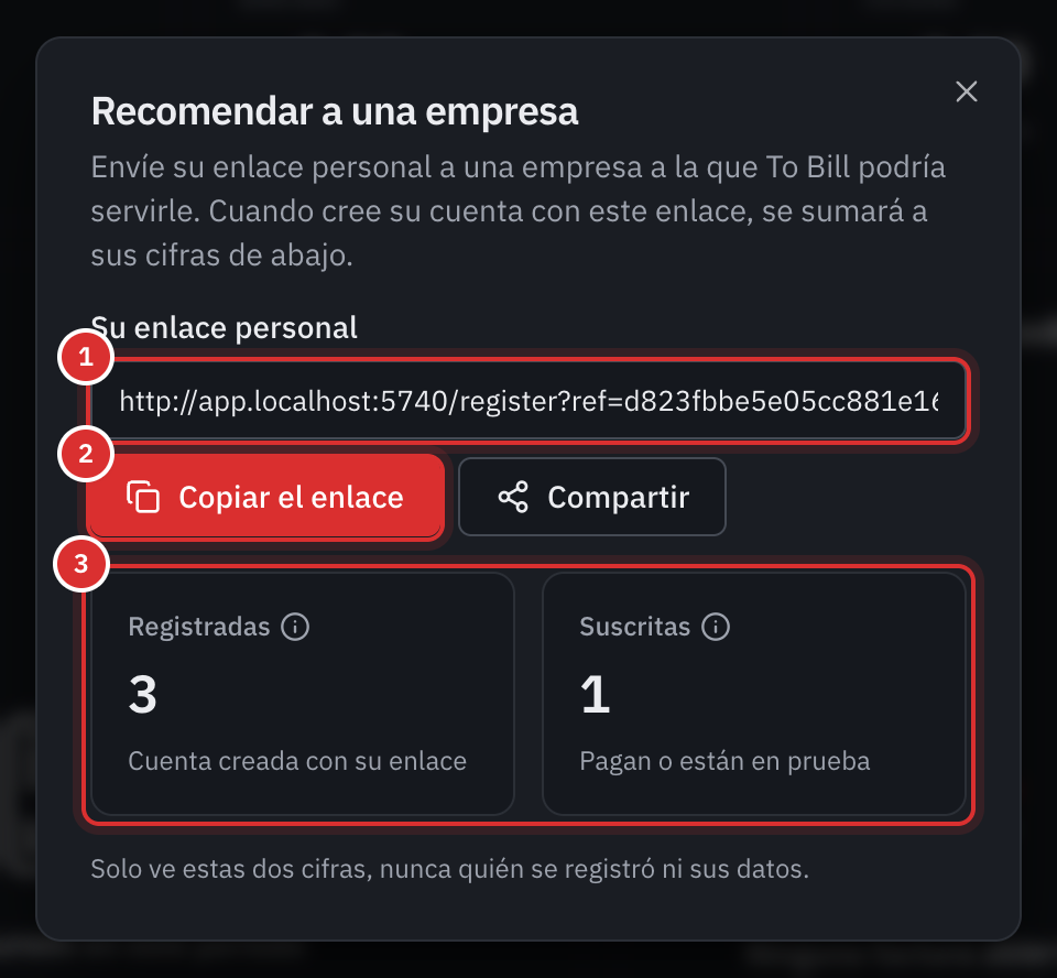 La ventana Recomendar a una empresa: el enlace personal, los botones Copiar el enlace y Compartir y, debajo, los contadores Registradas y Suscritas.