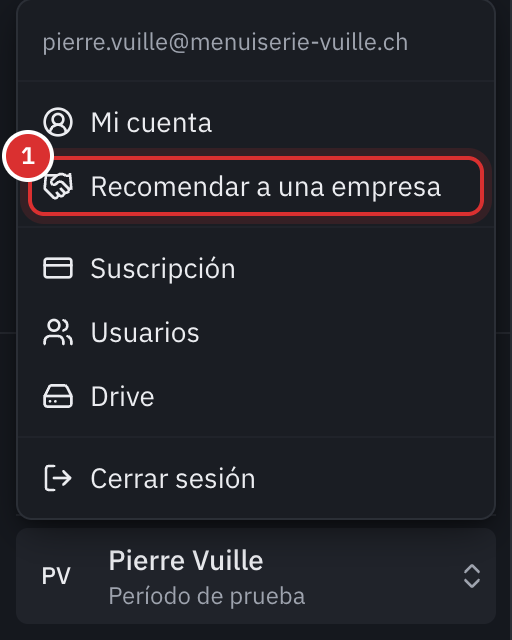 El menú de la cuenta abierto abajo a la izquierda, con la entrada Recomendar a una empresa debajo de Mi cuenta.