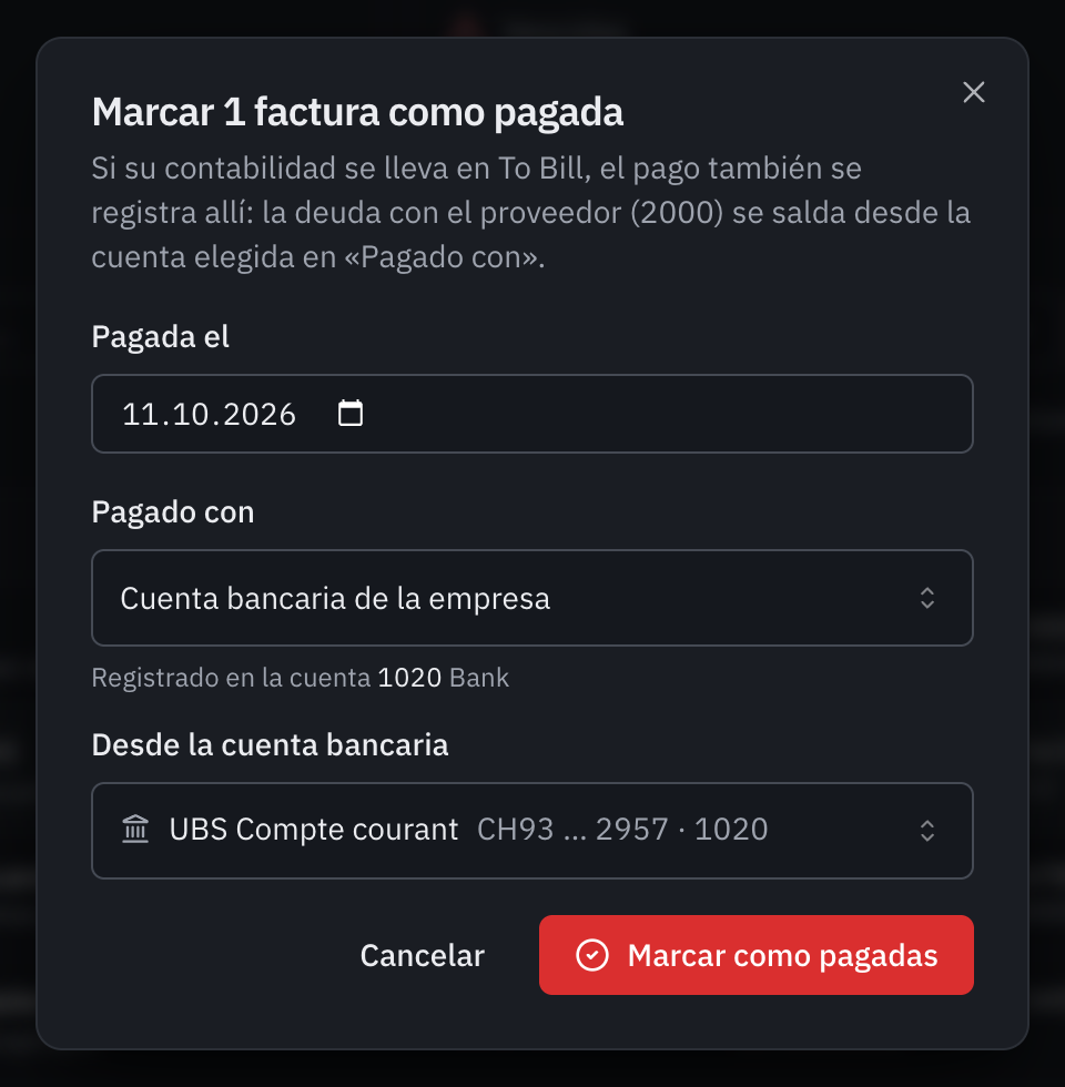 La ventana Marcar 1 factura como pagada: la fecha de pago, Pagado con Cuenta bancaria de la empresa, registrado en la cuenta 1020, y la cuenta bancaria UBS Compte courant.