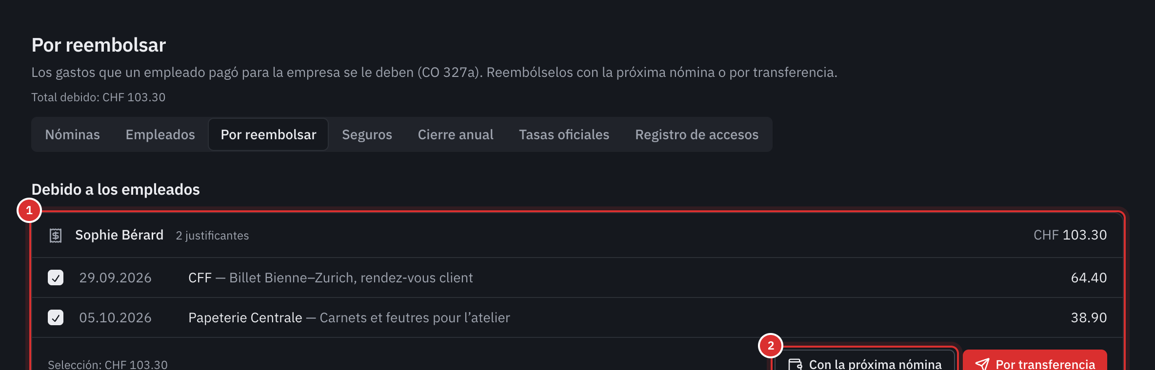 La página Por reembolsar: en Debido a los empleados, dos gastos adelantados por Sophie Bérard, marcados, con los botones Con la próxima nómina y Por transferencia.