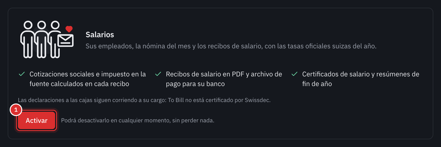 La tarjeta Salarios en Configuración, Módulos: lo que hace el módulo, la mención de Swissdec y el botón Activar.