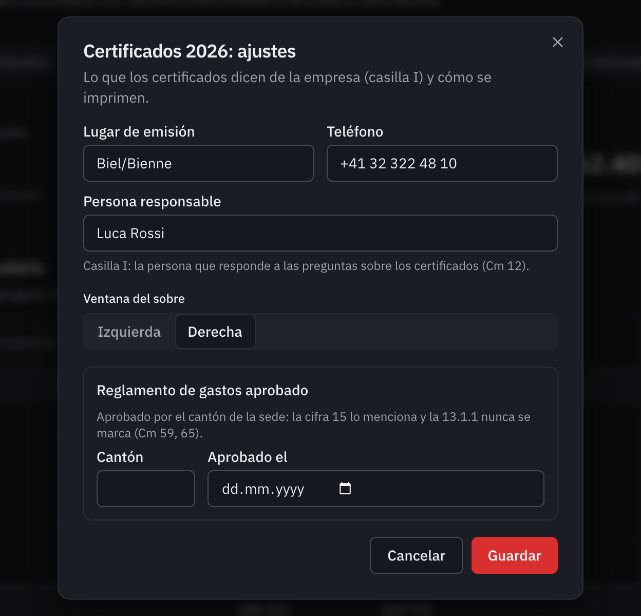 La ventana Certificados 2026: ajustes: lugar de emisión, teléfono, persona responsable, ventana del sobre y reglamento de gastos aprobado.