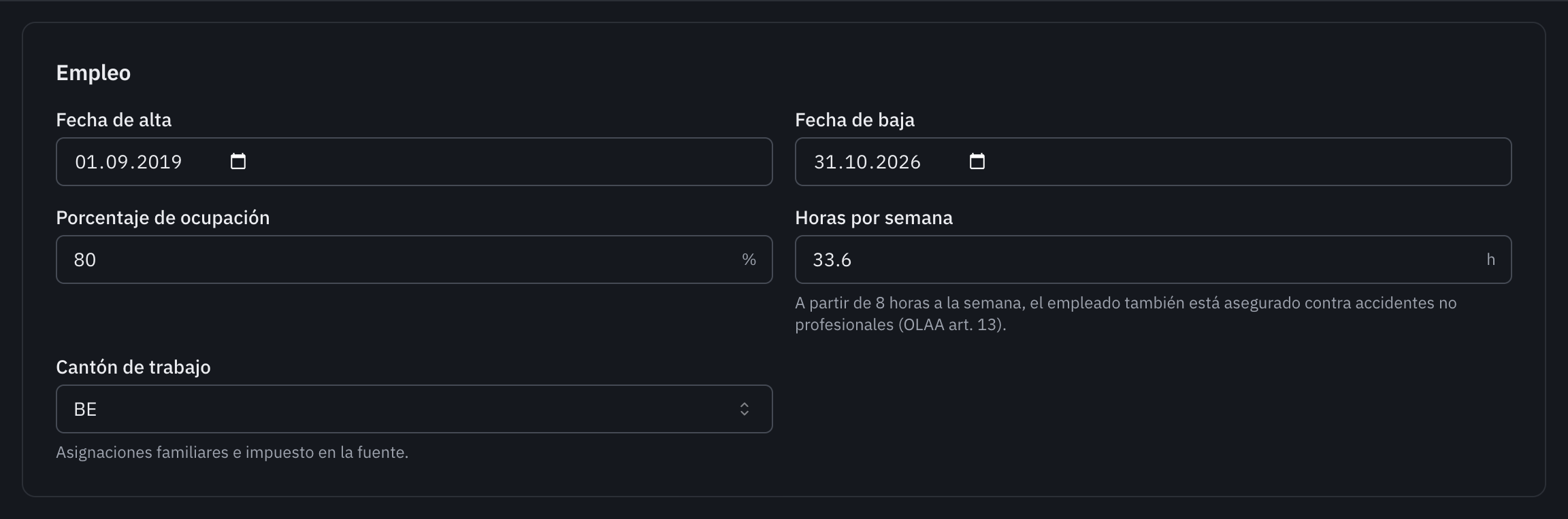 La sección Empleo: fecha de alta, fecha de baja, porcentaje de ocupación, horas por semana y cantón de trabajo.