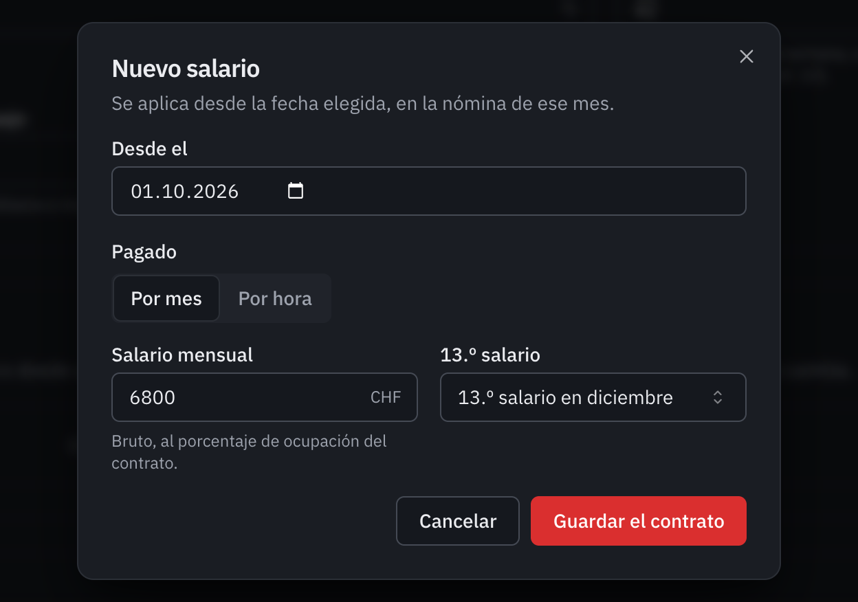 La ventana Nuevo salario: la fecha de efecto, el salario mensual y el 13.º salario.