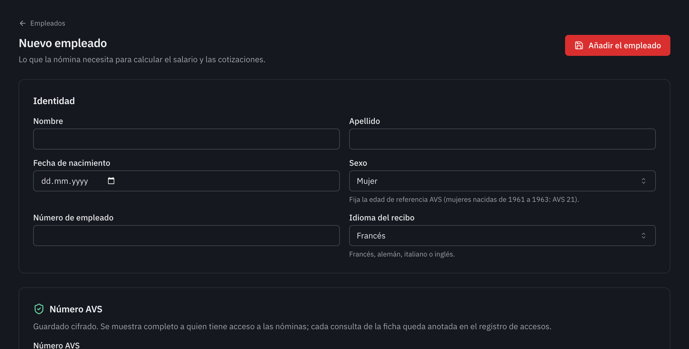 El formulario Nuevo empleado: las secciones Identidad y Número AVS.