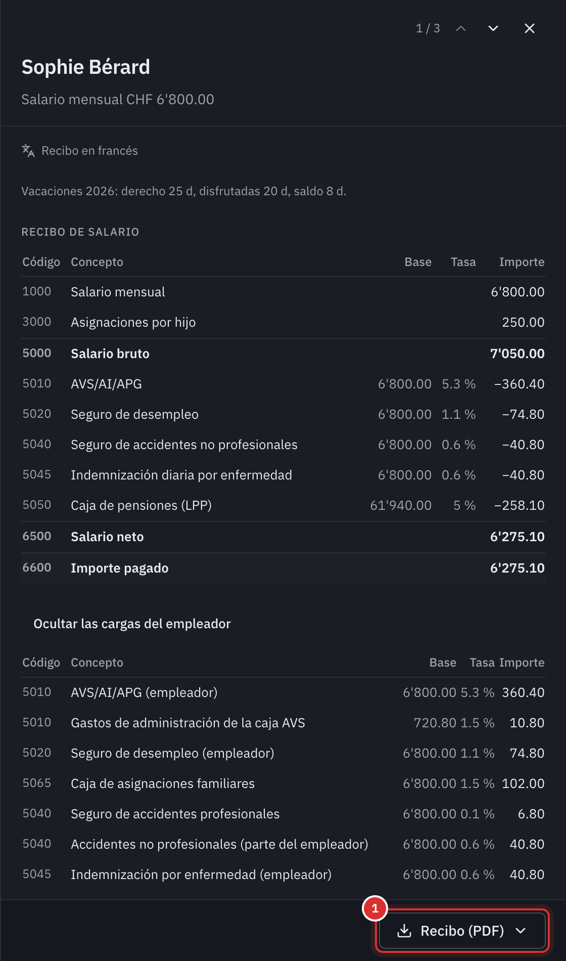 El recibo de salario de una empleada en la nómina: las líneas de salario, las retenciones, el neto y las cargas del empleador.