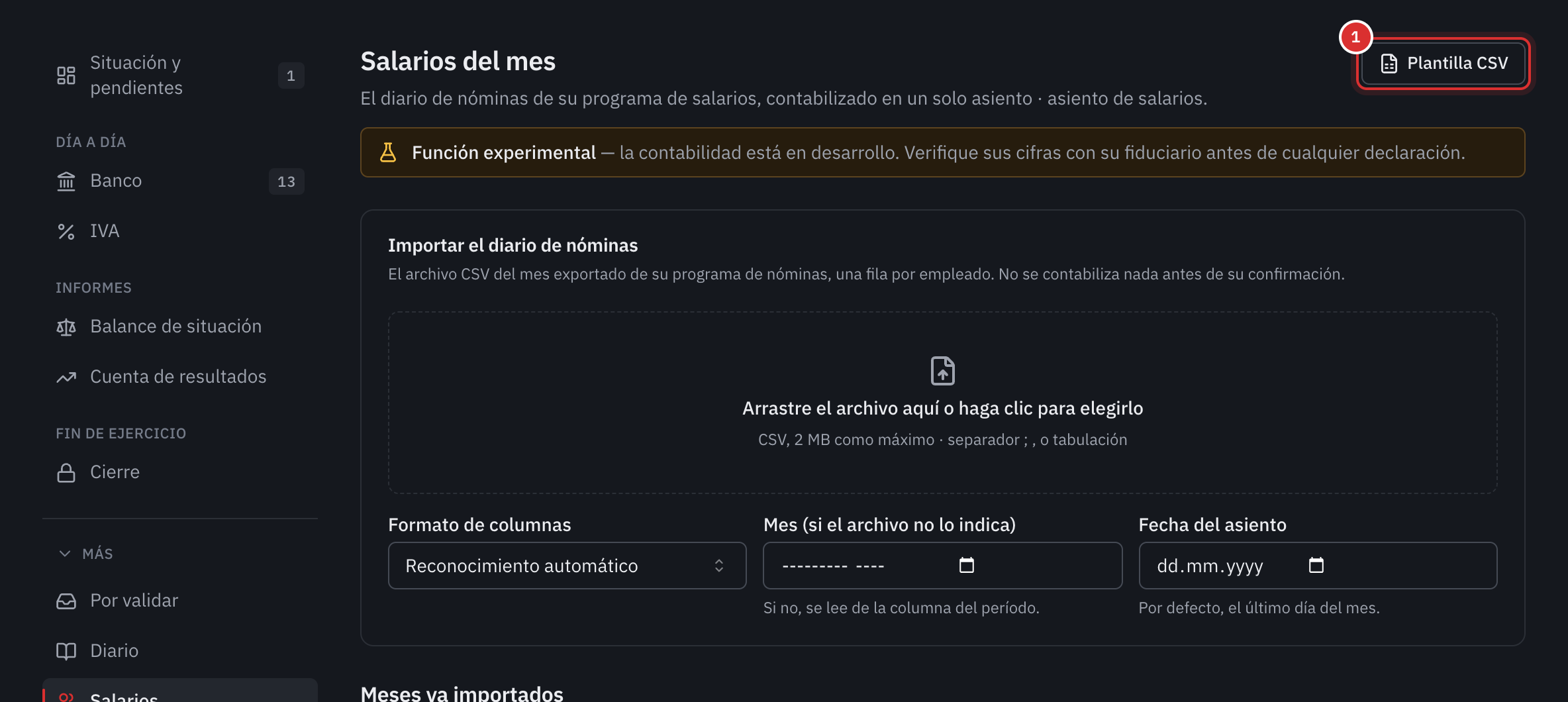 La página Salarios del mes de la contabilidad: la zona para soltar el diario, el formato de las columnas, el mes y la fecha del asiento.