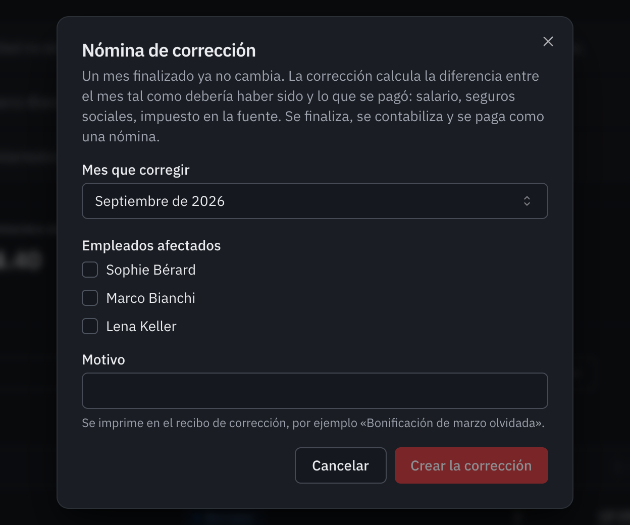 La ventana Nómina de corrección: el mes que corregir, los empleados afectados y el motivo.