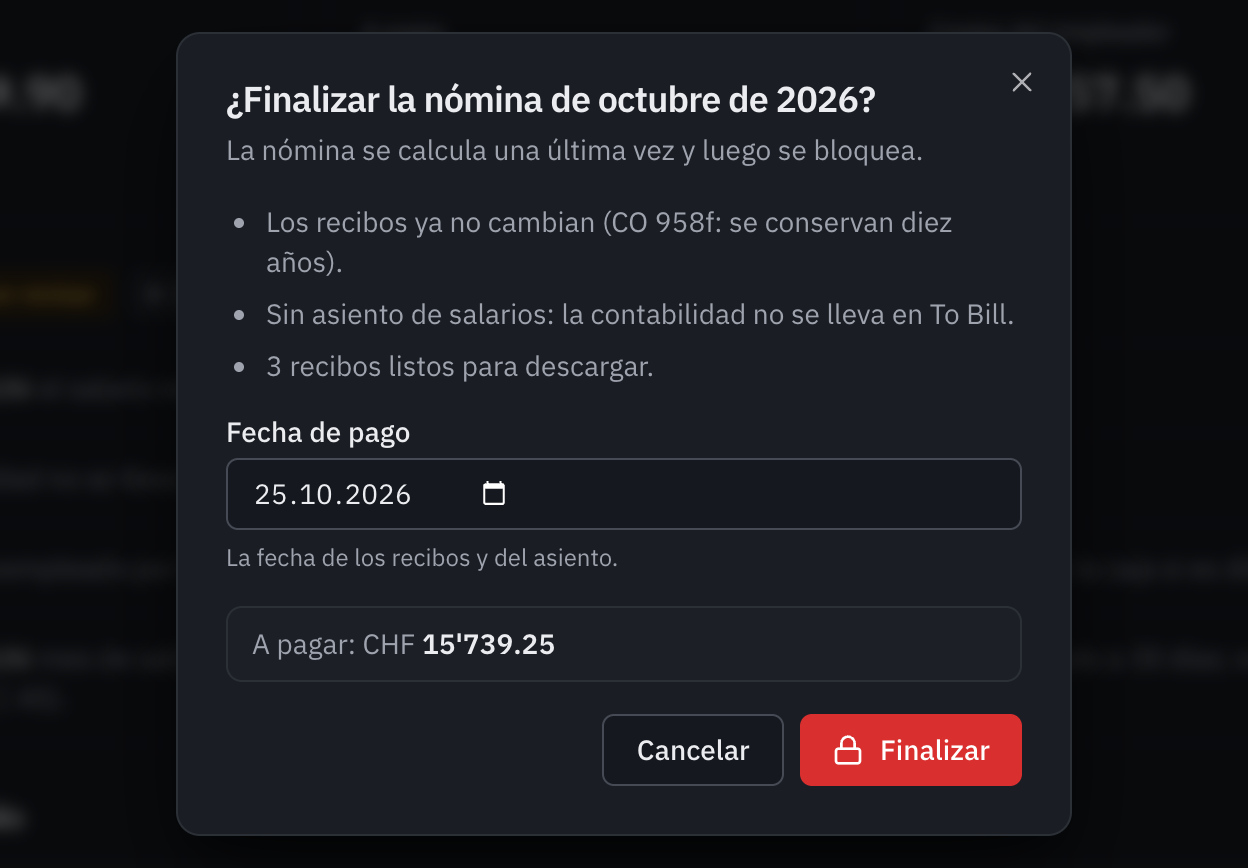 La ventana Finalizar la nómina: lo que va a ocurrir, la fecha de pago y el importe a pagar.