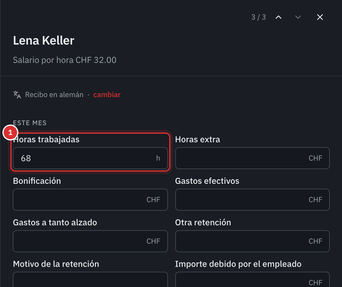 La ficha de una empleada pagada por hora: los datos del mes, con 68 horas trabajadas, sus controles y su recibo de salario.